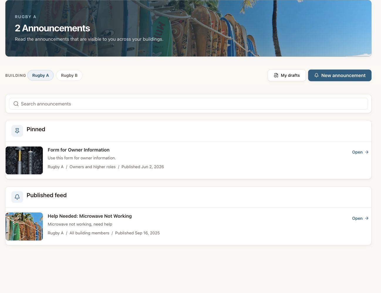 Vista Blue Connect announcements page filtered to the dummy Rugby A building, with pinned and published updates.