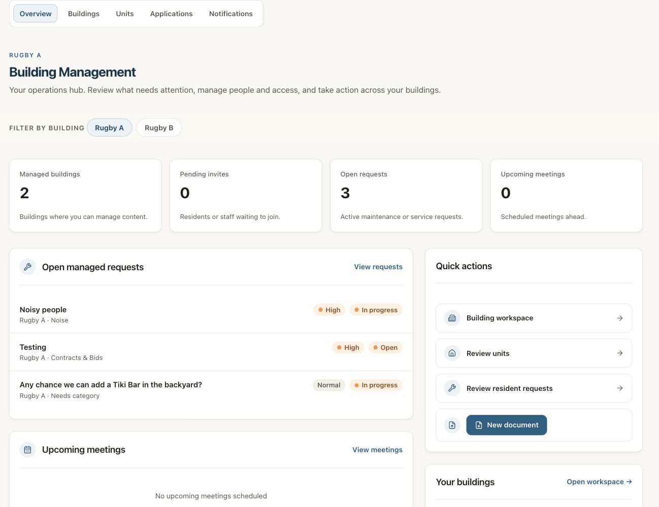 Vista Blue Connect Building Management overview filtered to the dummy Rugby A building, with summary totals, requests, and quick actions.