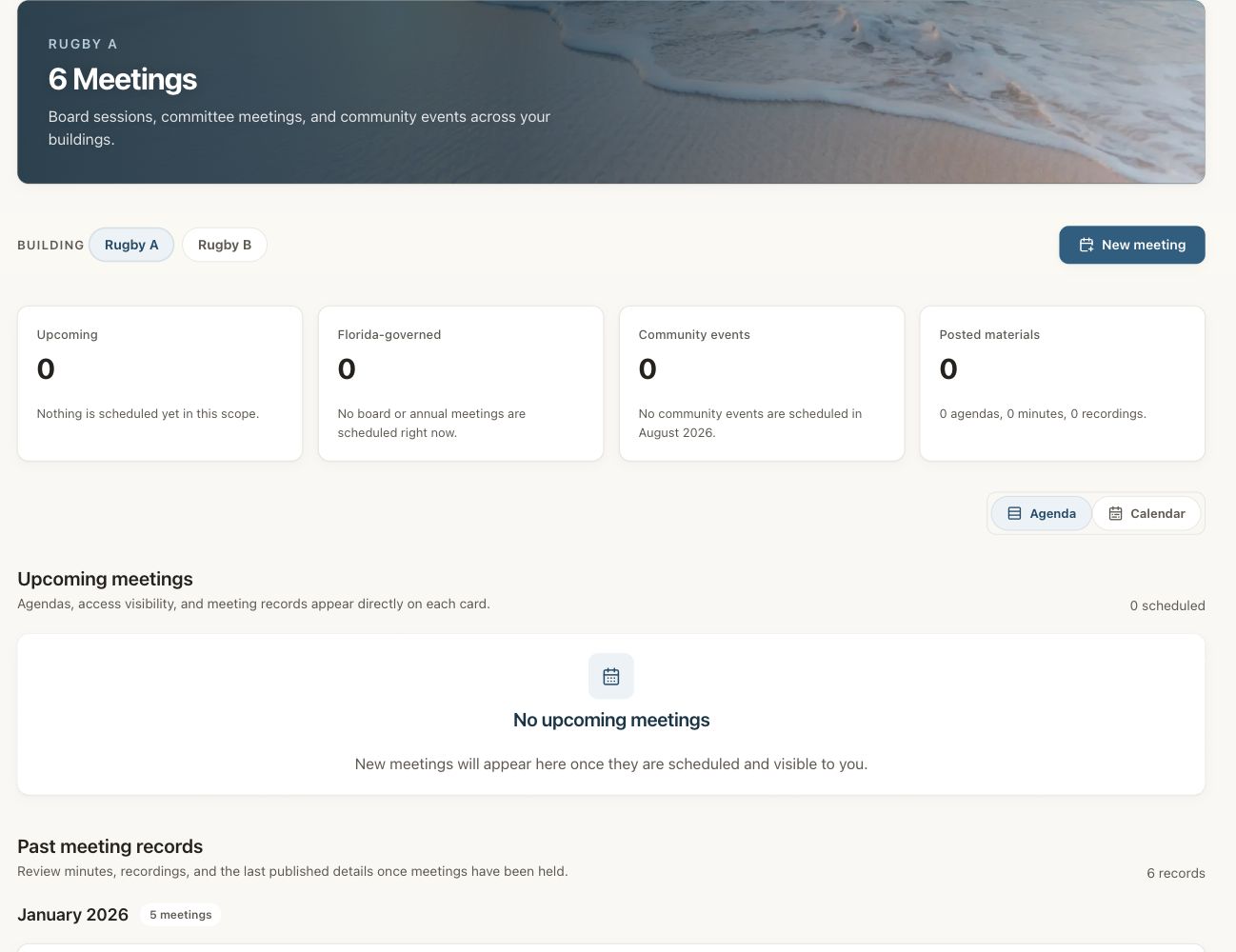 Vista Blue Connect meetings page filtered to the dummy Rugby A building, with meeting totals, agenda and calendar views, and past records.