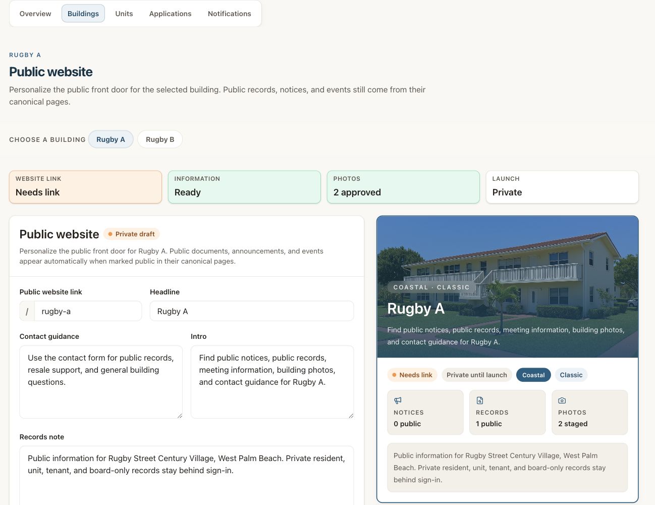 Vista Blue Connect public-website editor for the dummy Rugby A building, with readiness checks, editable public copy, and a live preview.