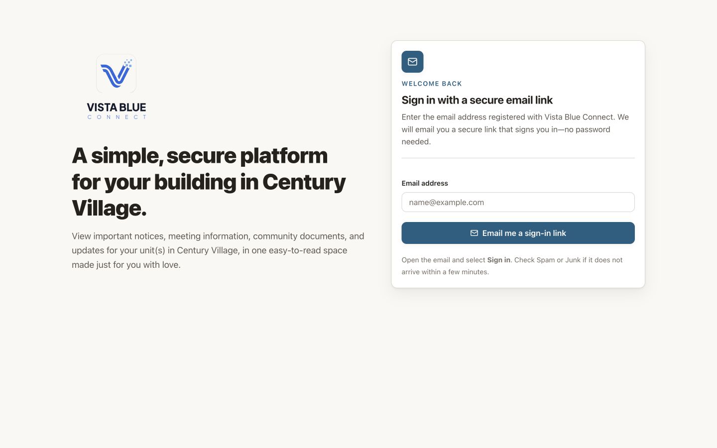 Vista Blue Connect sign-in page with the email field and secure-link button.